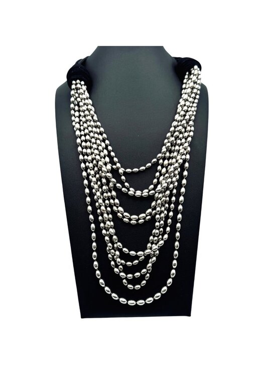 Jewelry - Vintage Multi-Strand Metal Bead Necklace Statement Black and Silver Leather 36"